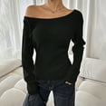 thumbnail image 6 of FRSASU Womens Boat Neck Sweaters Solid Color Long Sleeve off Shoulder Winter Loose Knit Pullover Tops Black, 6 of 7