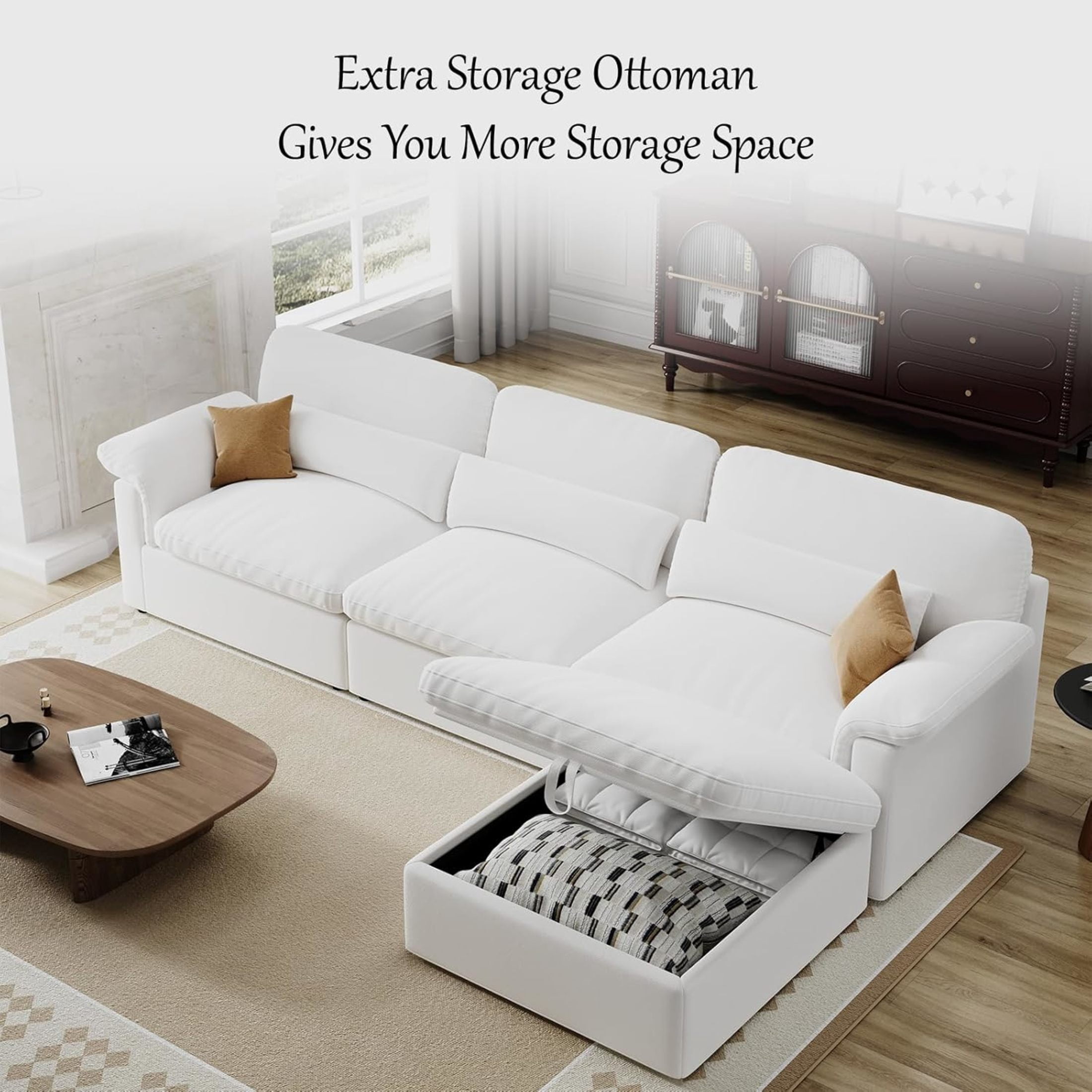 Noble House 115" Minimalist Sectional Sofa, Ottoman with Storage, Down-Filled Cushions, Chenille Fabric, White