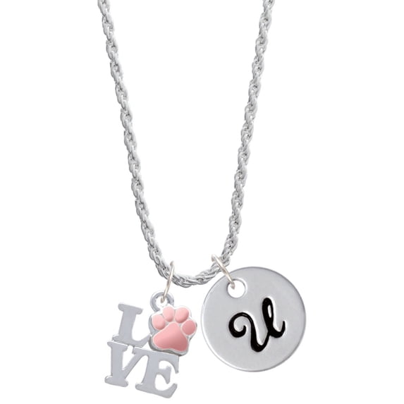 Delight Jewelry Silvertone Love with Pink Paw Silvertone Script Initial Disc - U - Charm Necklace, 20"+3"