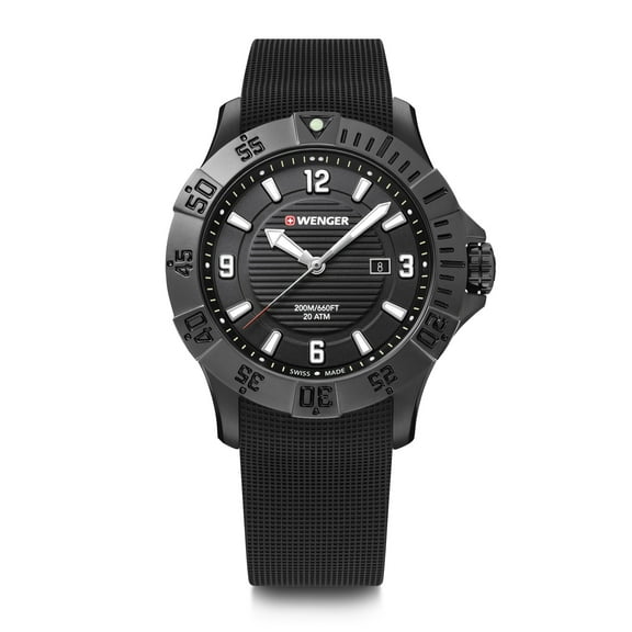 Wenger Seaforce Water Resistant Watch with Large Black Dial and Black Rubber Strap