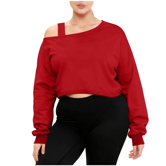 cocolona Womens Off The Shoulder Cropped Sweatshirt Fall Winter Solid Color Long Sleeve Shirts Fashion Casual Loose Pullover Tops