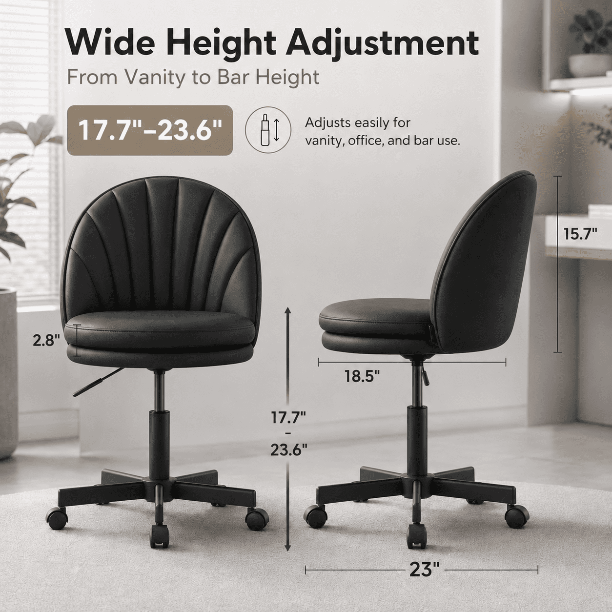 LUCKLIFE Office Desk Chair with Shell Back, PU Leather Mid-Back Task Chair, Armless Computer Chair for Home Office, Black