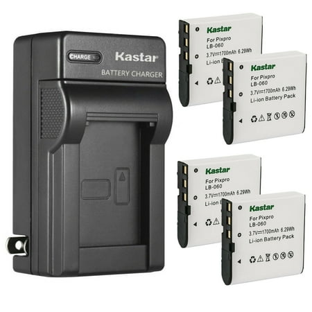 Kastar 4-Pack Battery and AC Wall Charger Replacement for Kodak LB-060 LB060 Battery  Kodak AZ251  AZ361  AZ362  AZ365  AZ421  AZ422  AZ425  AZ501  AZ521  AZ522  AZ525  AZ526  AZ527  AZ528 Camera