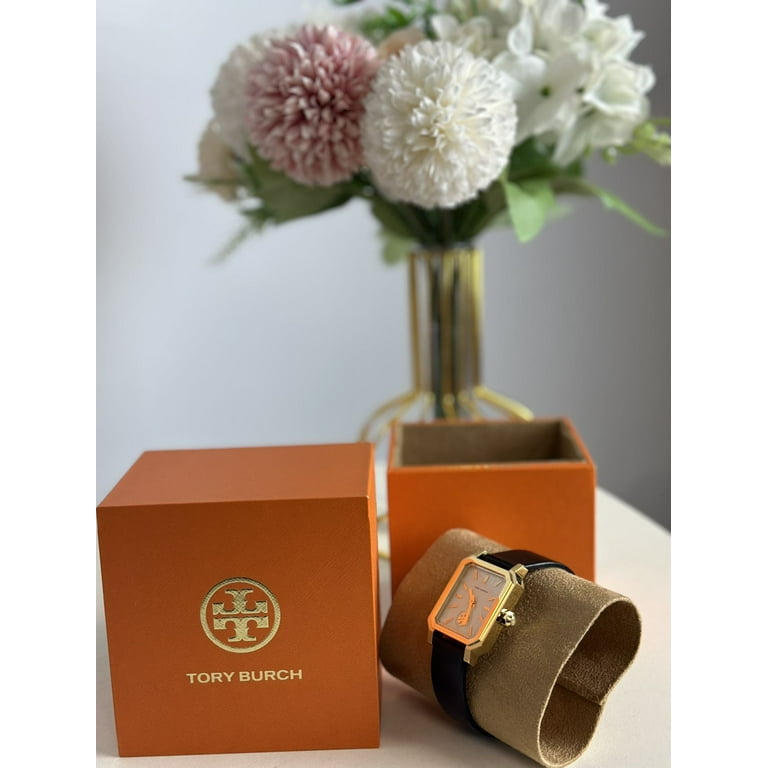 Tory Burch Women's Gold-Tone Logo Black Leather Strap Watch
