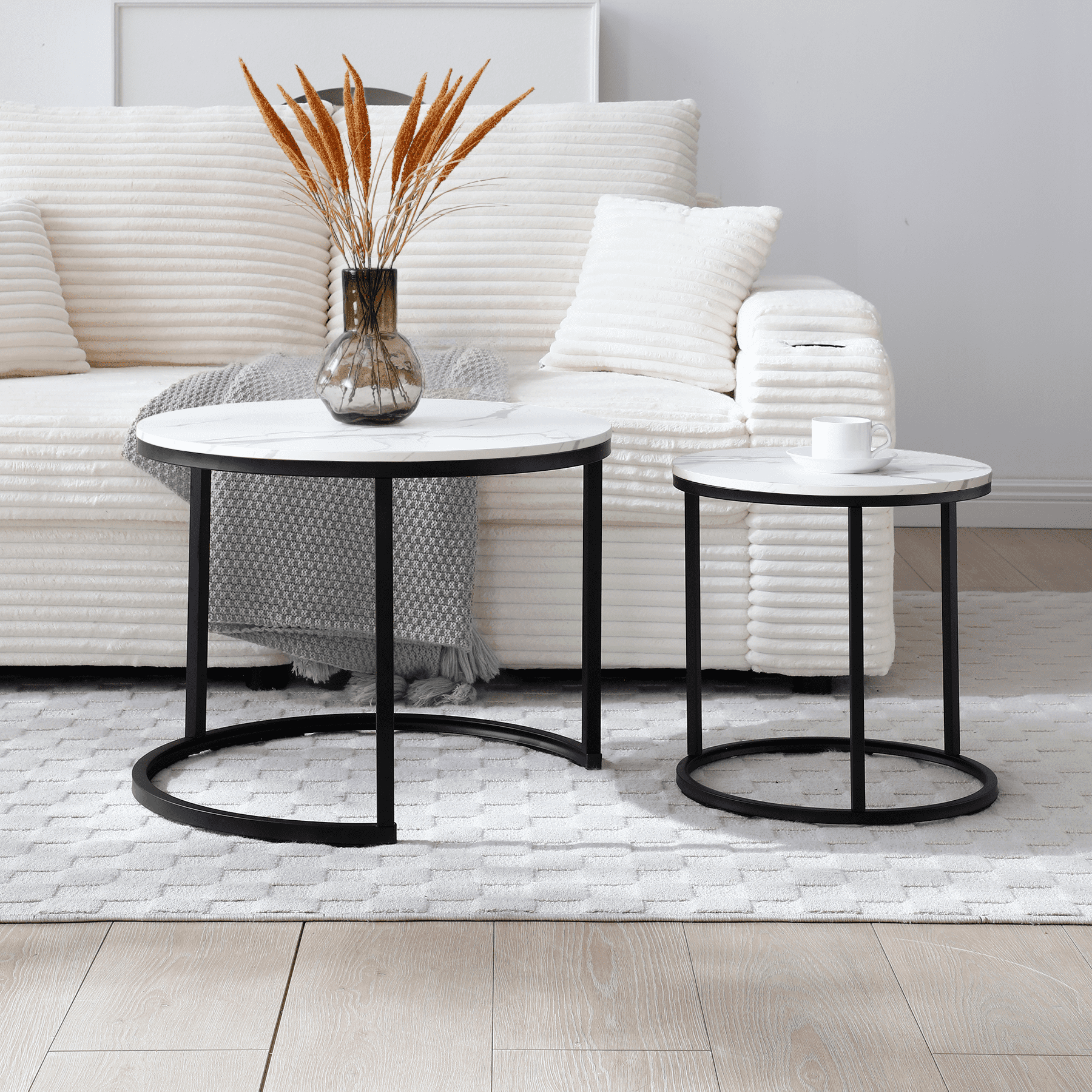Set of 2 Nesting Round Coffee Tables, White & Marble Pattern Tabletop with Black Metal Frame, Modern Industrial Wooden Side Table, Accent Nightstand for Living Room Bedroom Apartment