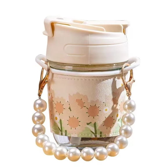 Surpdew 12Oz Glass Tumbler With Lid And Straw, Reusable Travel Glass Cup With Pearl Handle, Iced Coffee Cup For Smoothies, Juices, And Cold Drinks White 12Oz