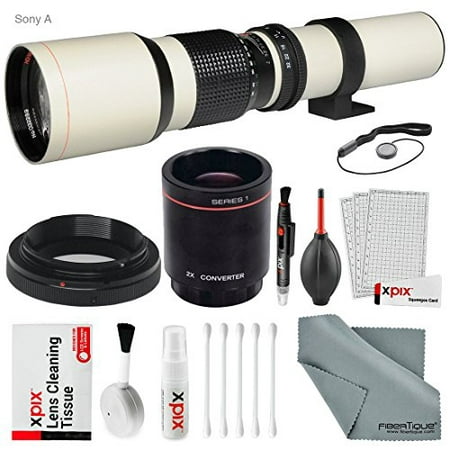Super-powered 500mm/1000mm f/8.0 Telephoto Lens (White) with 2X Professional Multiplier for Sony A Mount Digital SLR cameras and Deluxe Accessory Bundle with Xpix Cleaning (Best Professional Camera Lenses)