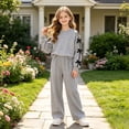 thumbnail image 2 of Hudaneo Tween Girls Bow Applique Sleeve Top and Pleated Wide Leg Pants Matching Set, Gray 10-11 Years, 2 of 8