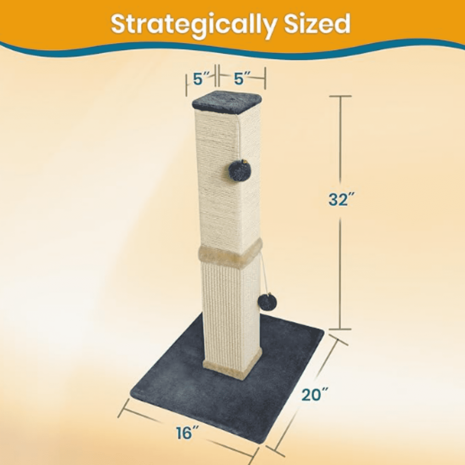Cat Scratch Post Tower - 32” Tall Cat Scratching Post with Jingle Bells and P Balls - Sisal Cat Scratcher with Larger Base for Better Stability - Cat Scratching Posts for Indoor Cats