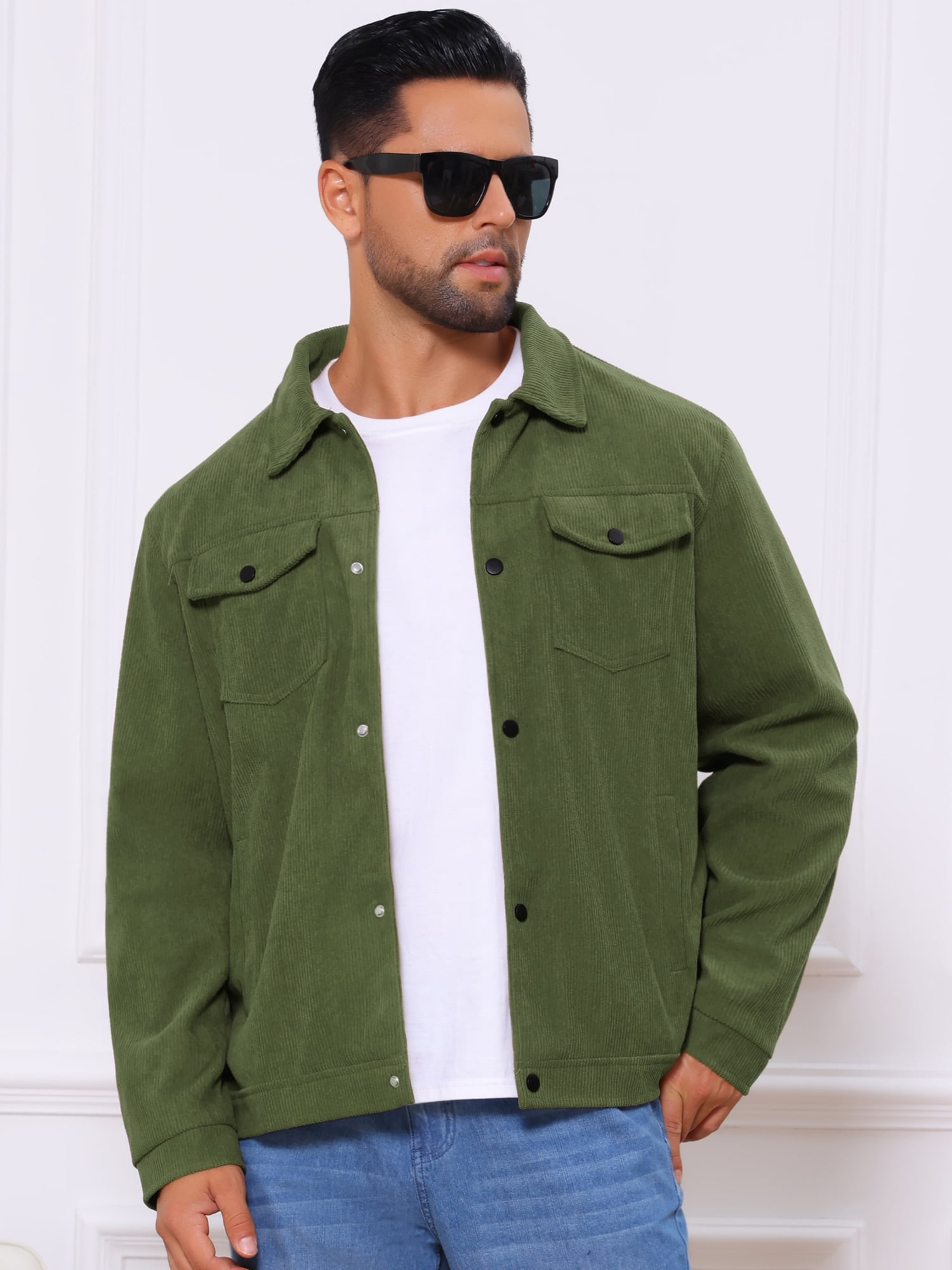 DARING DIVA Men's Solid Long Sleeve Button Pockets Corduroy Trucker Jacket L Green