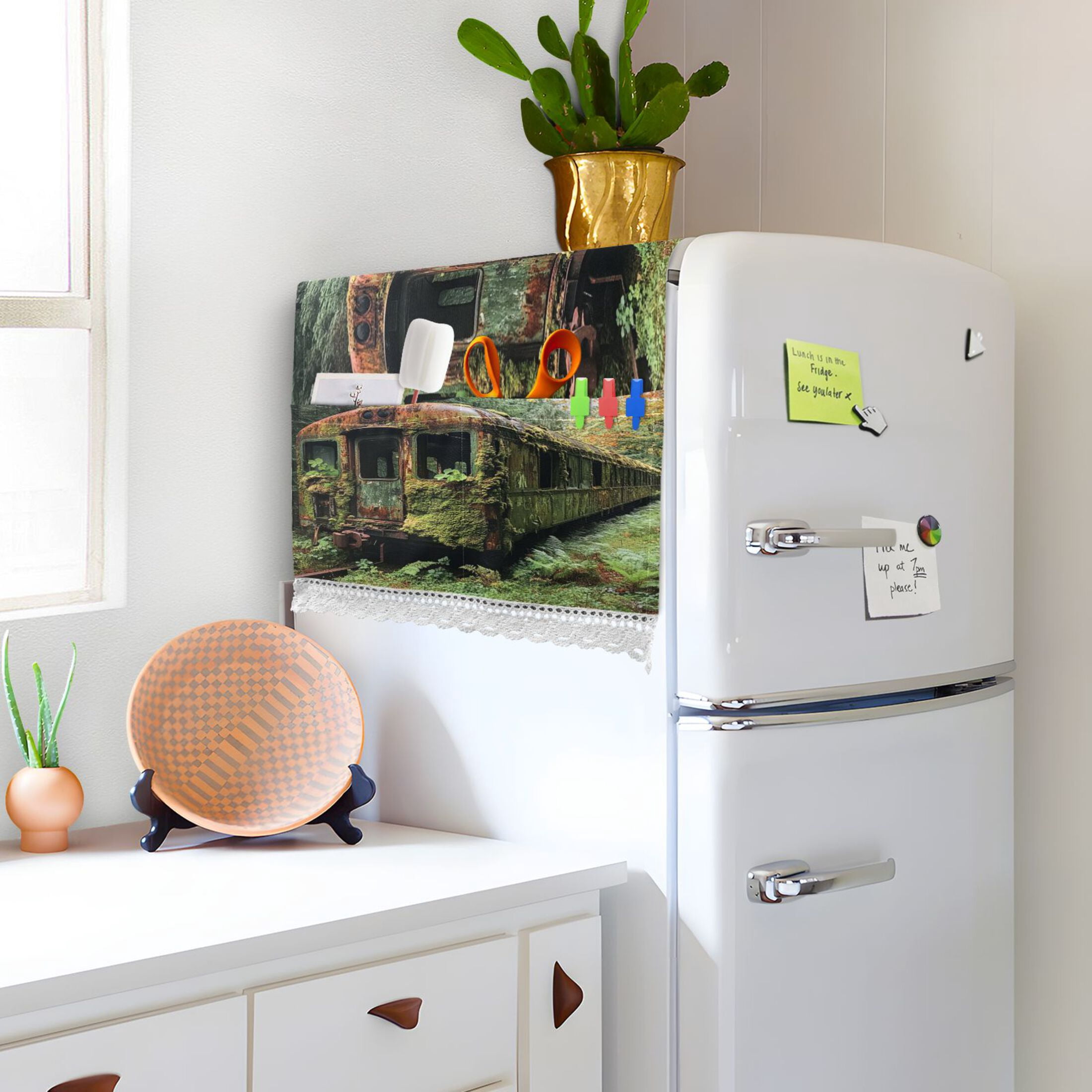 Abandoned Train CarWasher and Dryer Covers Dust-Proof and Oil Resistant Fridge Cover with 4 Storage Pockets Washing Machine Top Cover for Laundry Kitchen Home 51.2 x 22 In