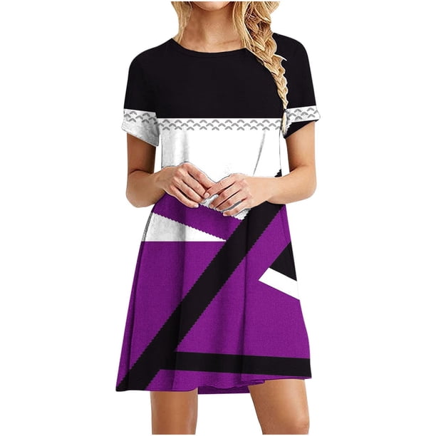 Vestido de Manga Corta para las Mujeres Casual Impreso Cuello Redondo, Vestido de las Señoras para la Primavera Y el Verano de Uso Diario