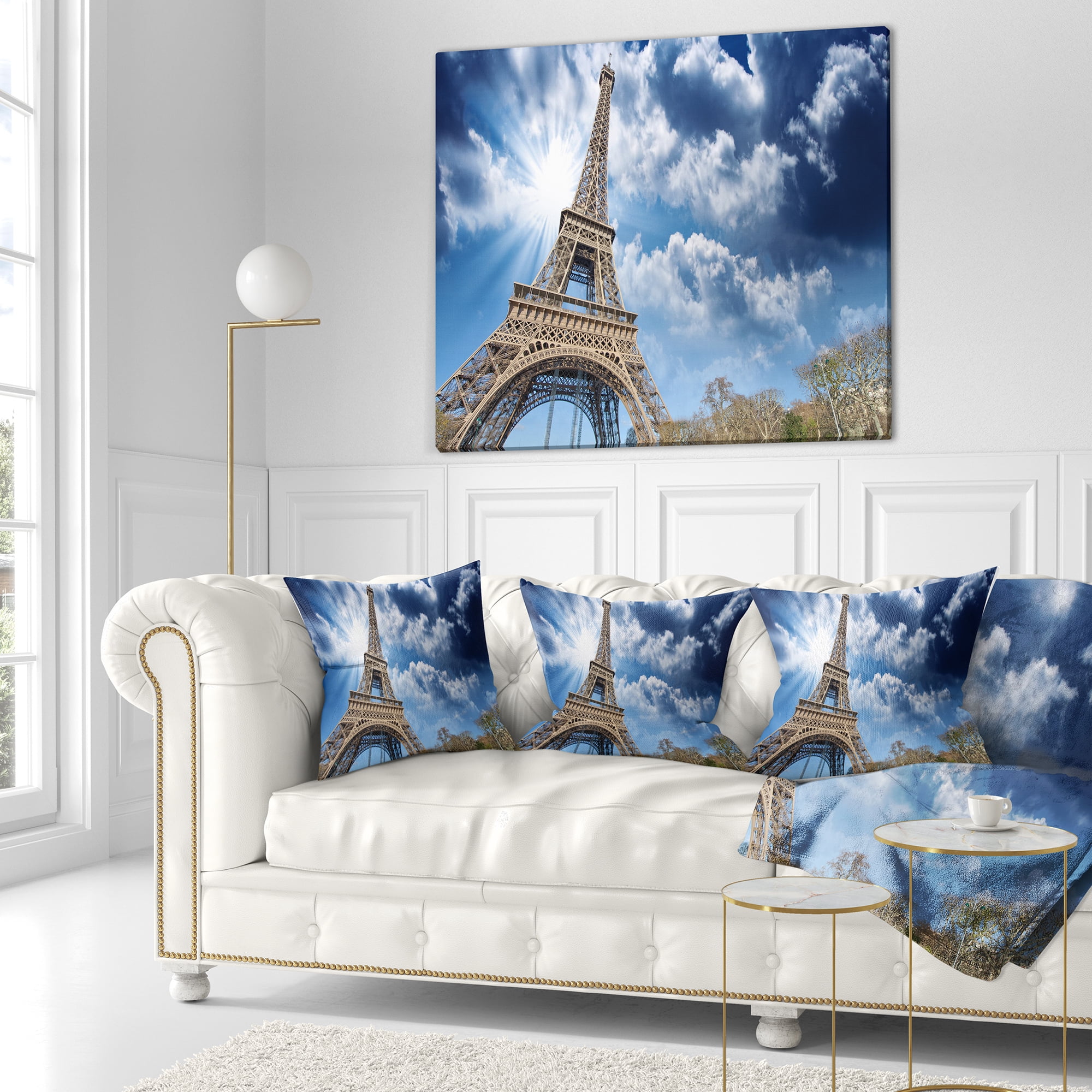 Designart Eiffel Under Blue Sky - Skyline Photography Throw Pillow - 18x18