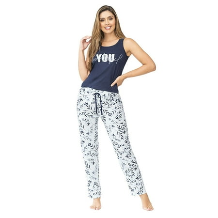 

D lunaas Fitted Tank Top with Quote Wonderful you and Leaves Printed Pants Pajama Set