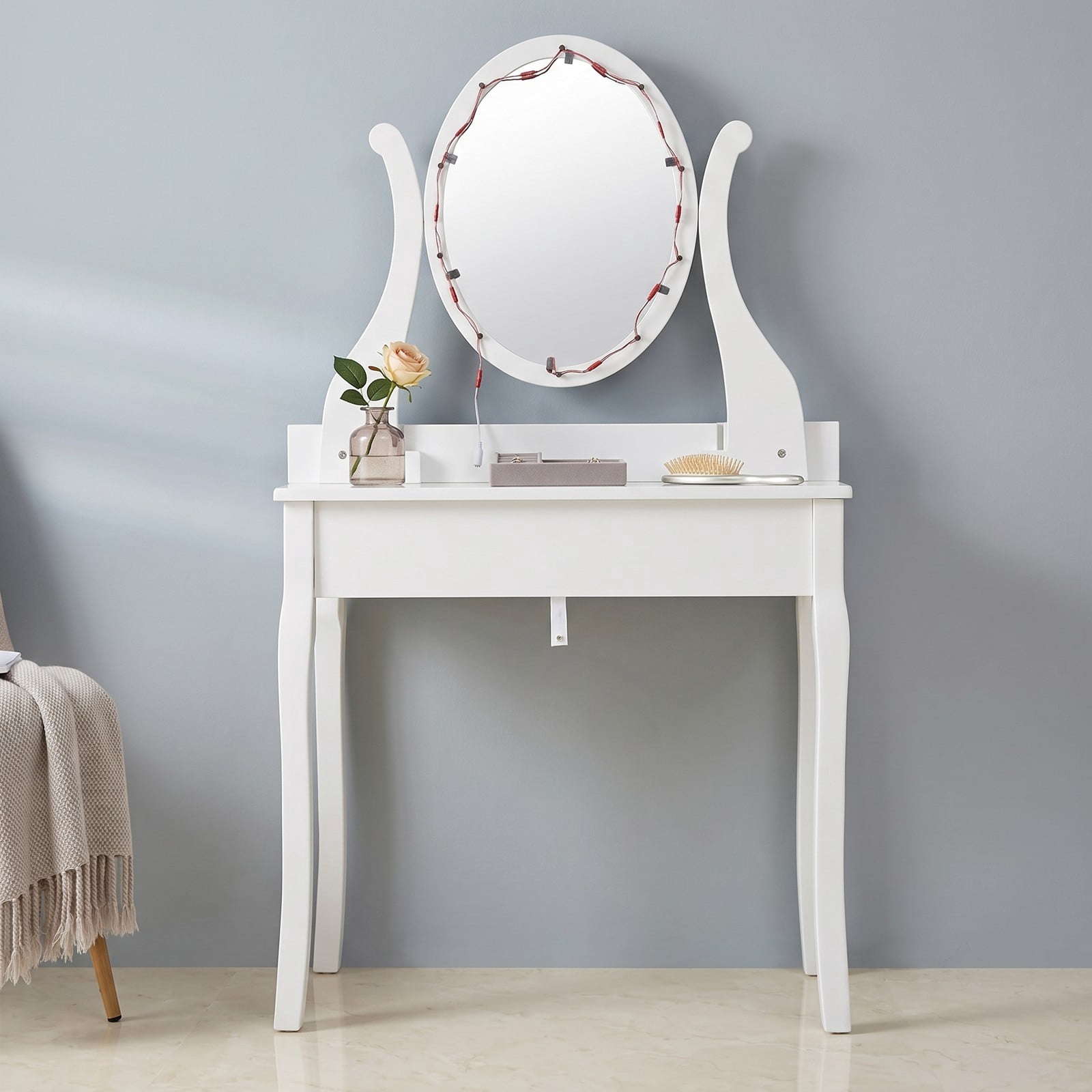 Furnibear Vanity Table Set with 10 Dimmable Light Oval Mirror and Cushioned Stool and 5 Drawers for Bedroom Makeup and Dressing, White