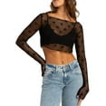thumbnail image 2 of Aojekbee Women Crop Tops, Long Sleeve Boat Neck Dots Bow Sheer T-shirt Fall Tops Clubwear, 2 of 8