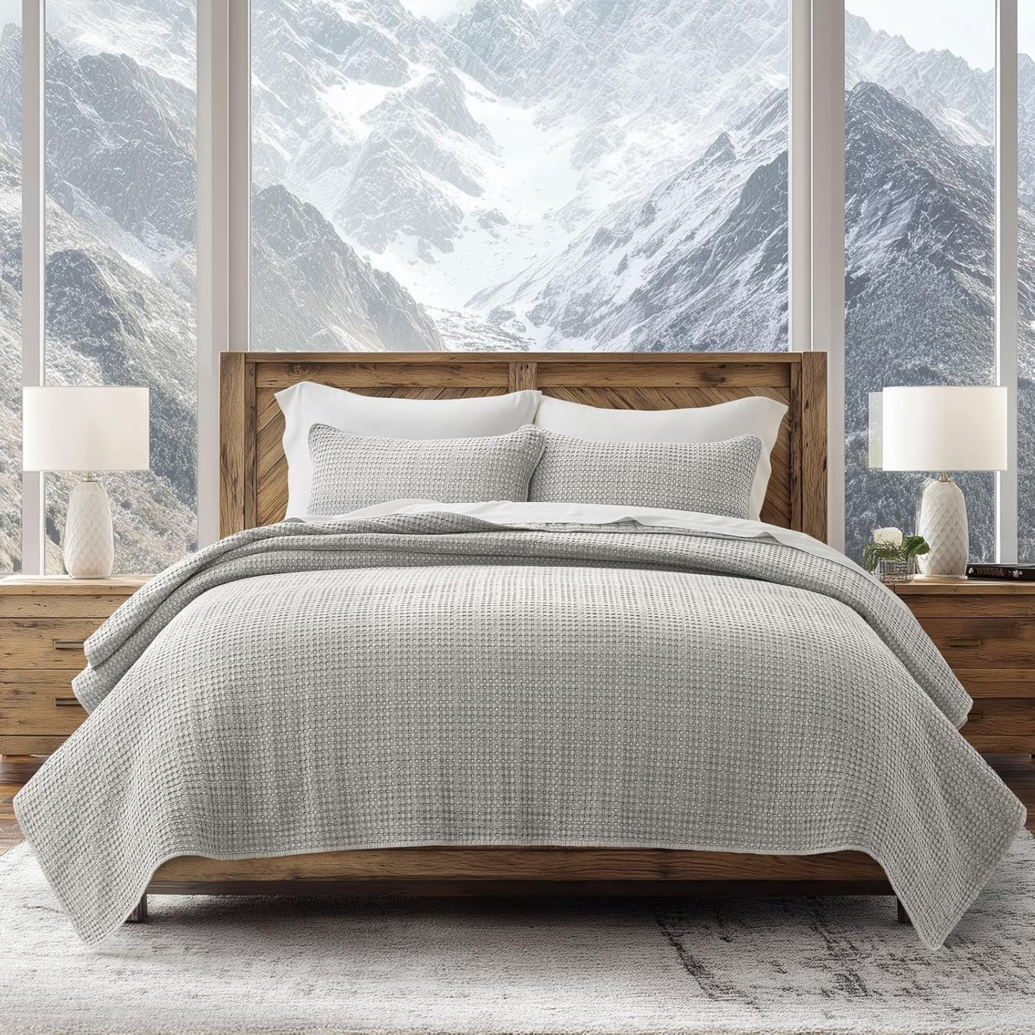 EVERGRACE Stonewashed 100% Natural Cotton Waffle Quilt Set Queen Size 3 Pieces, Durable, Textured & Substantial Bedding, Quilted Coverlet Bedspread with 2 Shams for All Seasons, Misty Gray
