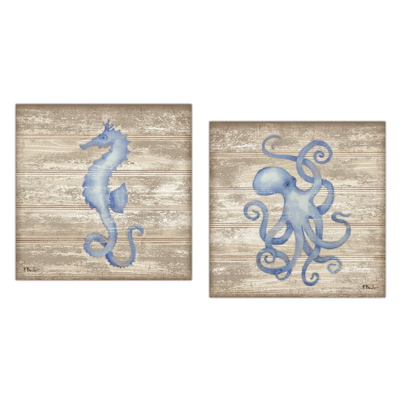 Brown and Blue Nautical Seahorse and Octopus Adult Coastal Decor; 2 - 12" x 12" Unframed Posters