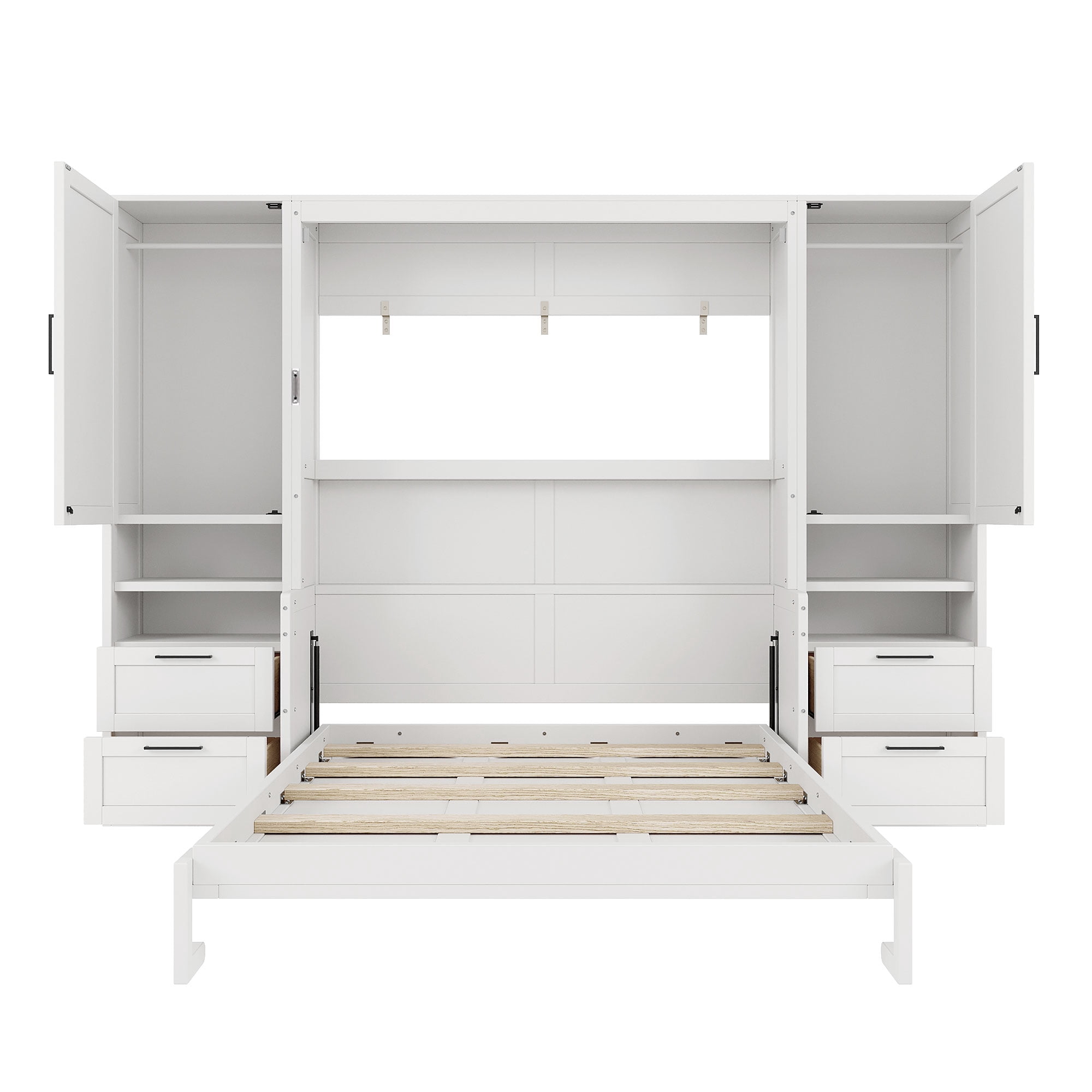 Queen Size Murphy Bed with 2 Closet, 4 Drawers and Open Shelves for Small Space, Guest Room