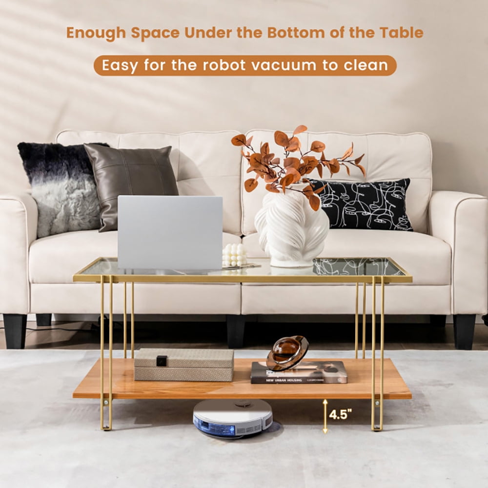 Finihen Coffee Table, Glass Coffee Table, 2 Tiers Rectangle Glass Coffee Table with White and Gold Steel Frame, for Living Room, Reception Room, Golden Finihen Coffee Table, Glass Coffee Table, 2 Tiers Rectangle Glass Coffee Table with White and Gold Steel Frame, for Living Room, Reception Room, Golden