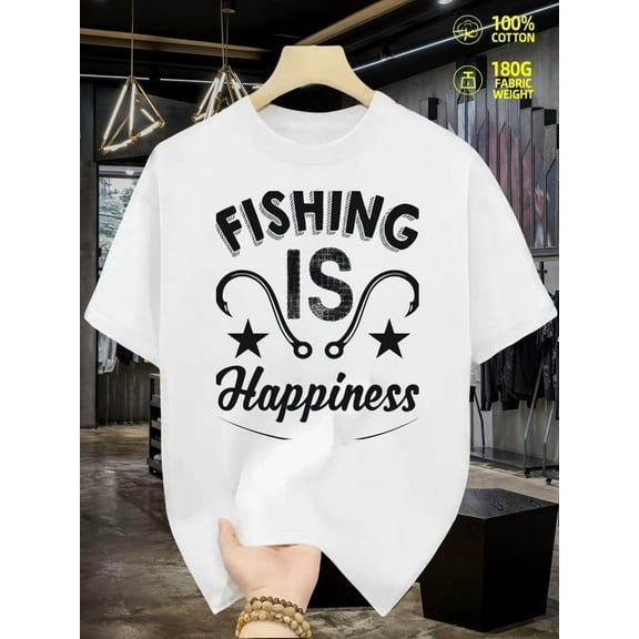 Fishing Happiness Tee fish plain graphic t shirts for men 180G 100% Cotton white Regular fit, casual wear for all seasons, ideal for gifts Daily and weekend wear Soft and comfortable fishing for men