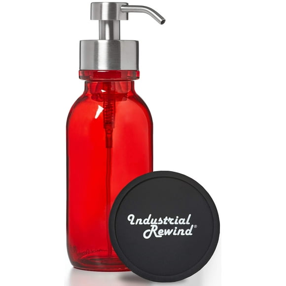 Industrial Rewind Red Soap Dispenser with Stainless Steel Pump - Wide Mouth16oz Red Glass Dish Soap Dispenser