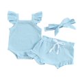 thumbnail image 1 of Infant Baby Girl Summer Clothes Ribbed Ruffle Sleeveless Romper Drawstring Bloomer Shorts Headband Outfits Blue 0-3 Months, 1 of 7