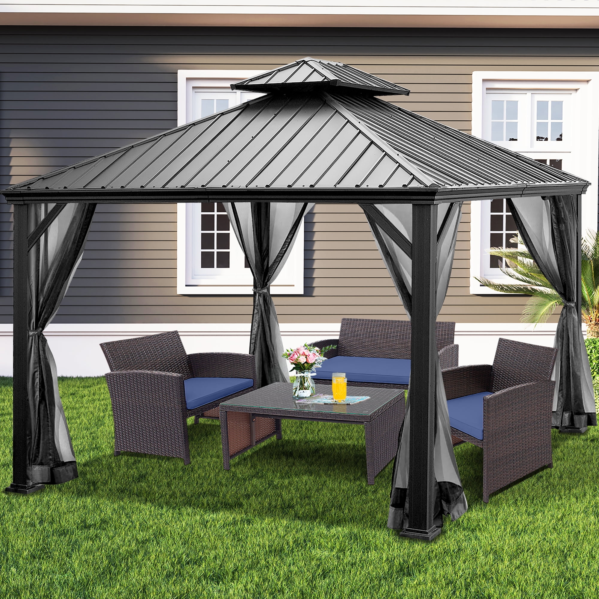 Costway 12ft x  10ft Hardtop Gazebo 2-tier Outdoor Galvanized Steel Canopy Grey