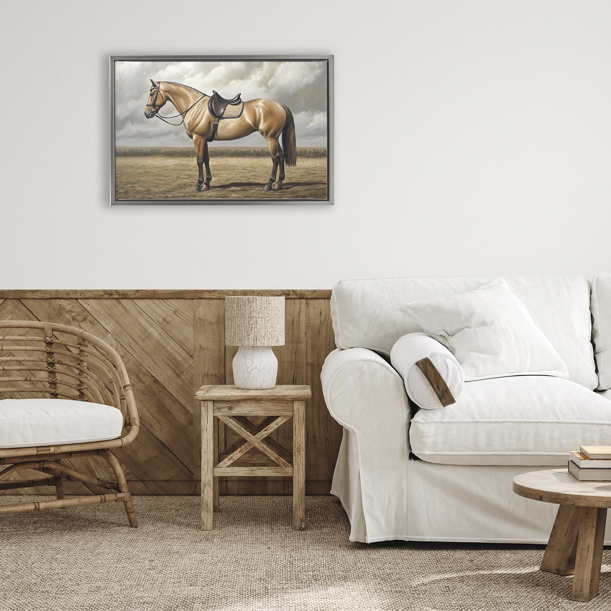 Stupell Industries Shiny Mare Saddled Up Gray Framed Floater Canvas Wall Art, design by Petal Prints Design