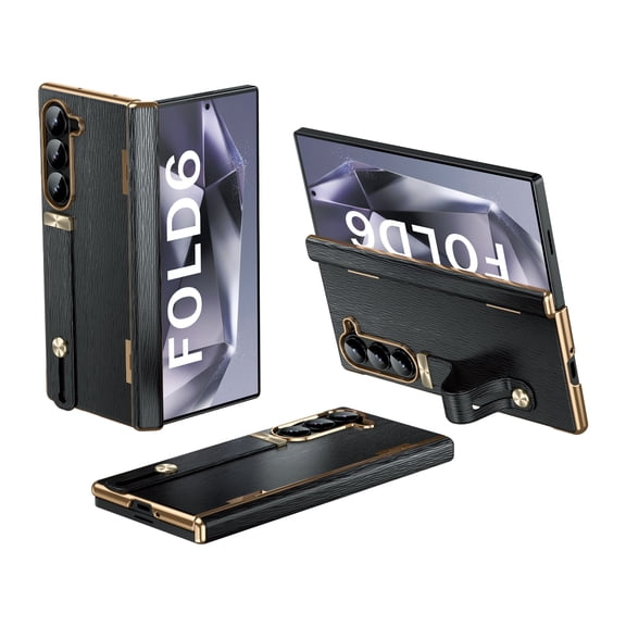 ELEHOLD Case for Samsung Galaxy Z Fold 6,PU Leather Cover with Wrist Strap Shockproof Protective Phone Case for Samsung Galaxy Z Fold 6,Black