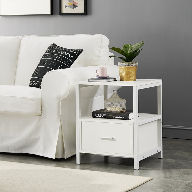VECELO Modern Square Nightstand Side/End/Coffee/Accent Table, Cabinet with Drawer for Storage, White