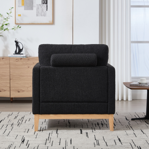 Gewnee 35.4 "Wide Modern  Chair , Wood Base Reading Armchair Single Sofa with Two Bolster Pillows for Living Room offices and Lounge, Black Boucle