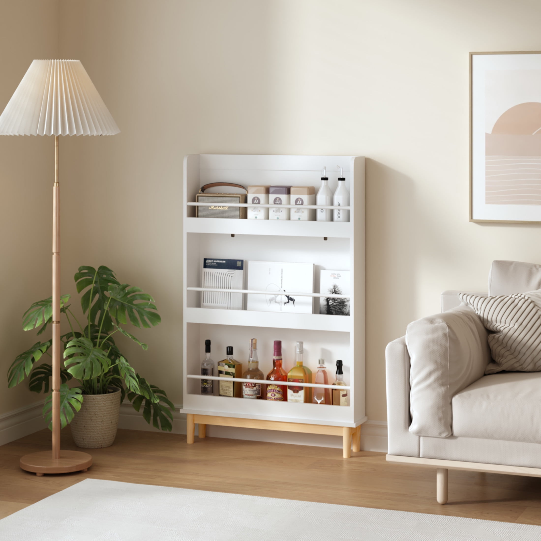 Noble House Wall-Mounted Kids Bookshelf with 3 Front-Facing Display Shelves, Book Rack with Natural Wood Base, White