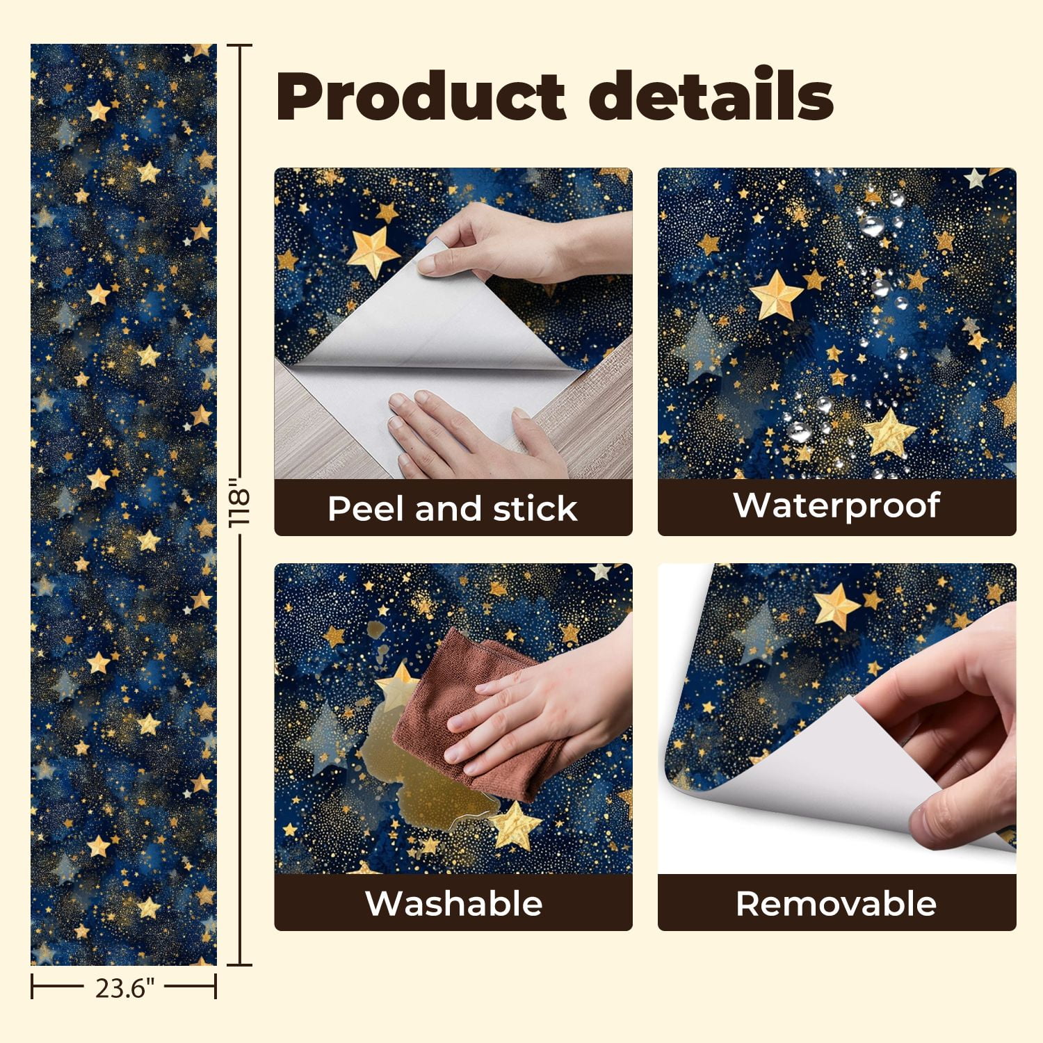 Peel and Stick Wallpaper 23.6in x 9.8ft Golden Stars Deep Blue Night Sky Sparkles Dots Contact Paper Vinyl Self-Adhesive Removable Wall Paper for Bedroom Kitchen Cabinet Décor Renter Friendly