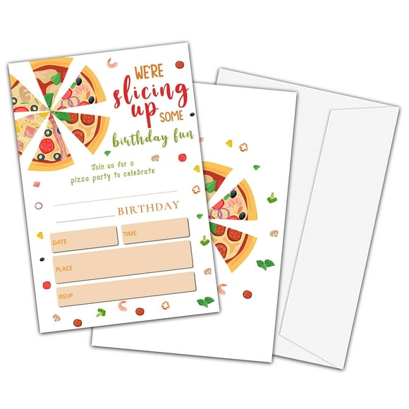 Pizza Bash Birthday Invites, Fun Snack Party Cards for Kids, 20 Count Double-Sided Fill-in Invitations with Envelopes, Perfect for Boys and Girls Celebrations