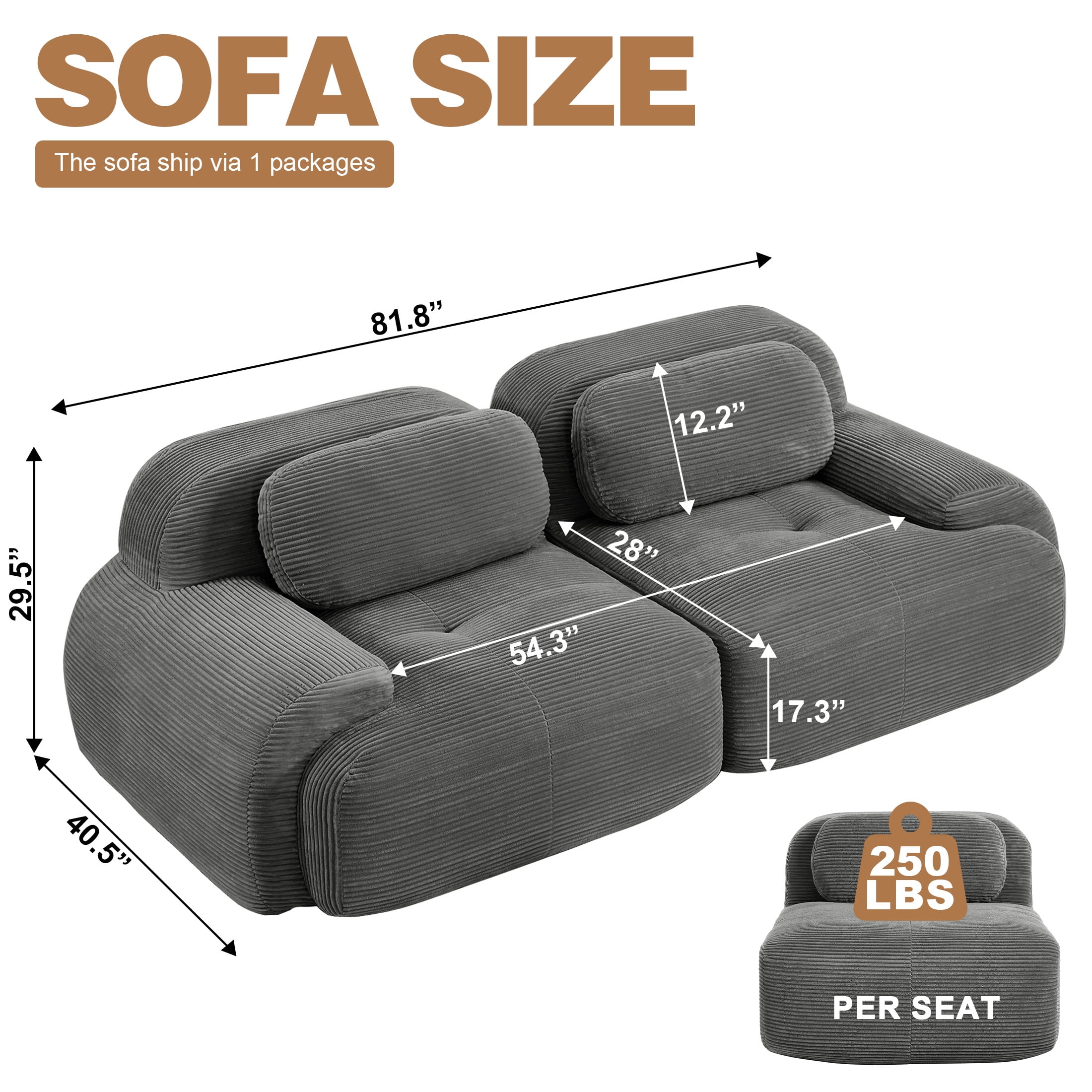 Aukfa 82" Modular Sectional Sofa, 28" Deep Seats, Corduroy Fabric, Cloud-Comfort Loveseat, Gray