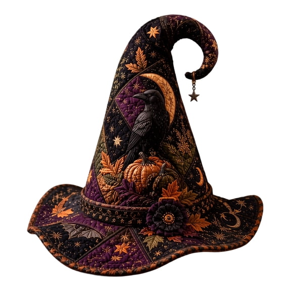 Halloween Tabletop Witch Hat Decoration (8 Inch), Vintage Quilted Fabric Figurine Centerpiece for Country Farmhouse Holiday Home Display