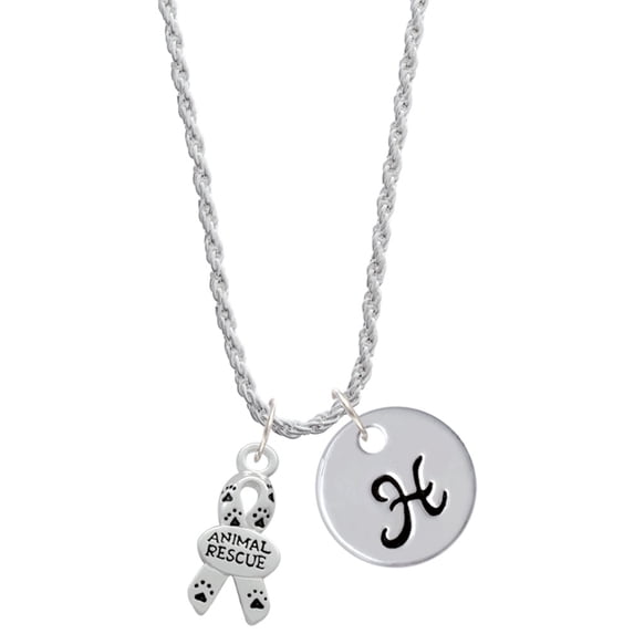 Delight Jewelry Silvertone Small Paw Print Ribbon ''Animal Rescue'' Silvertone Script Initial Disc - H - Charm Necklace, 20"+3"