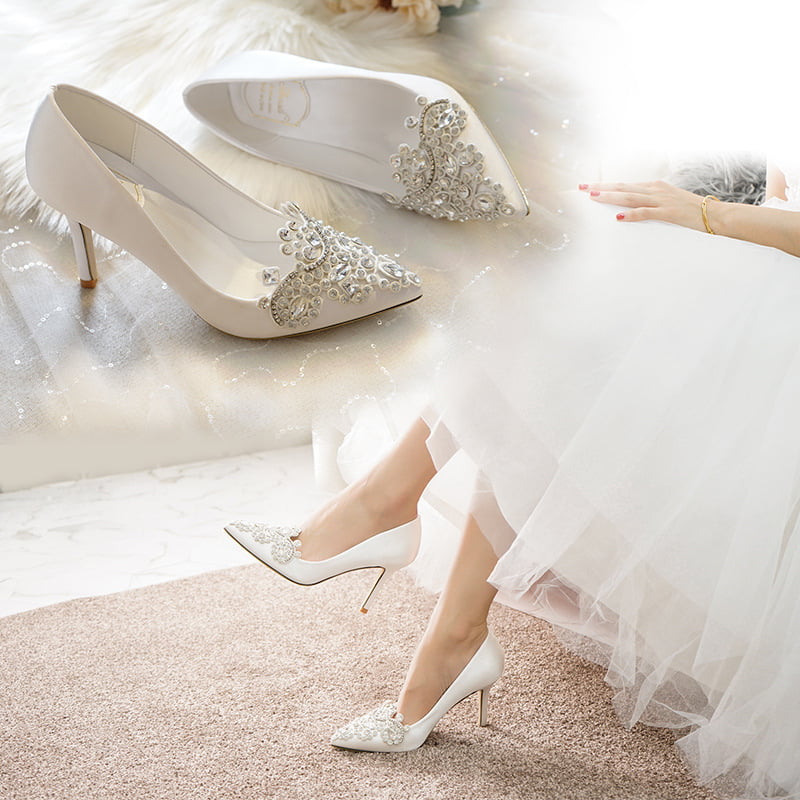 ELLEN White Satin/Lace Mary Janes Wedding Block Heels