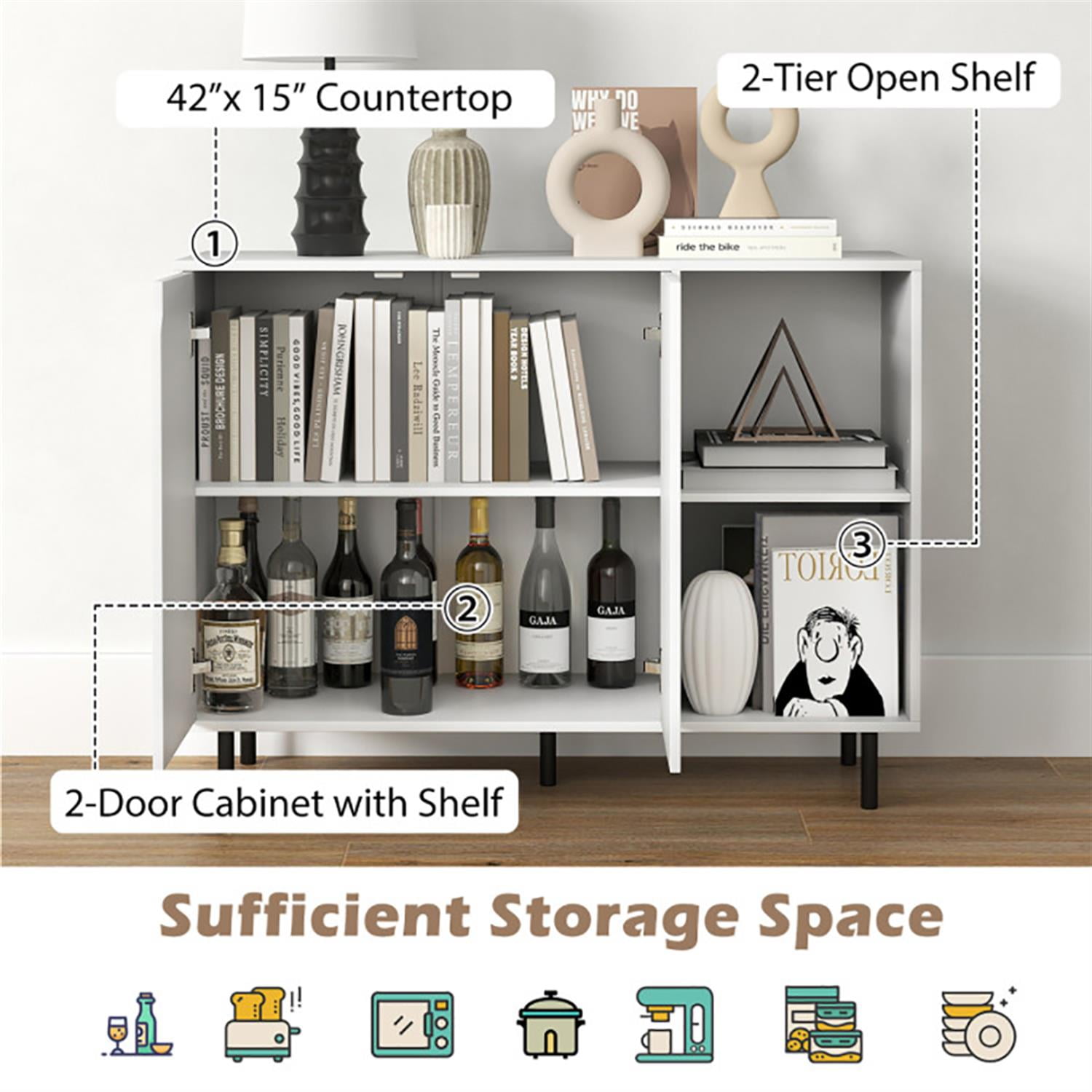 Demi Bonn 42" Sideboard Buffet Cabinet with Adjustable Shelves, Kitchen Storage Cabinet, Wood Coffee Bar Buffet Table for Kitchen Dining Room, White