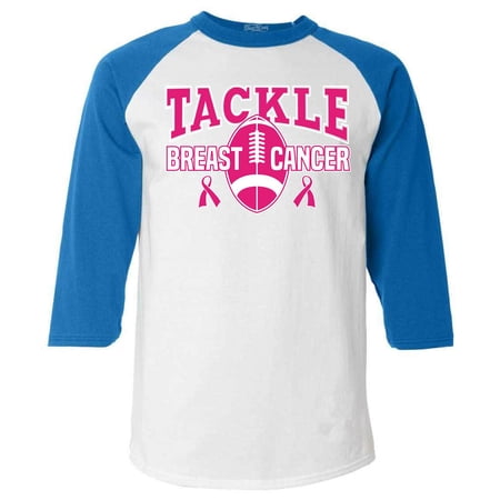 Shop4Ever Men s Tackle Breast Cancer Ribbon Awareness Raglan Baseball Shirt Medium White/Blue