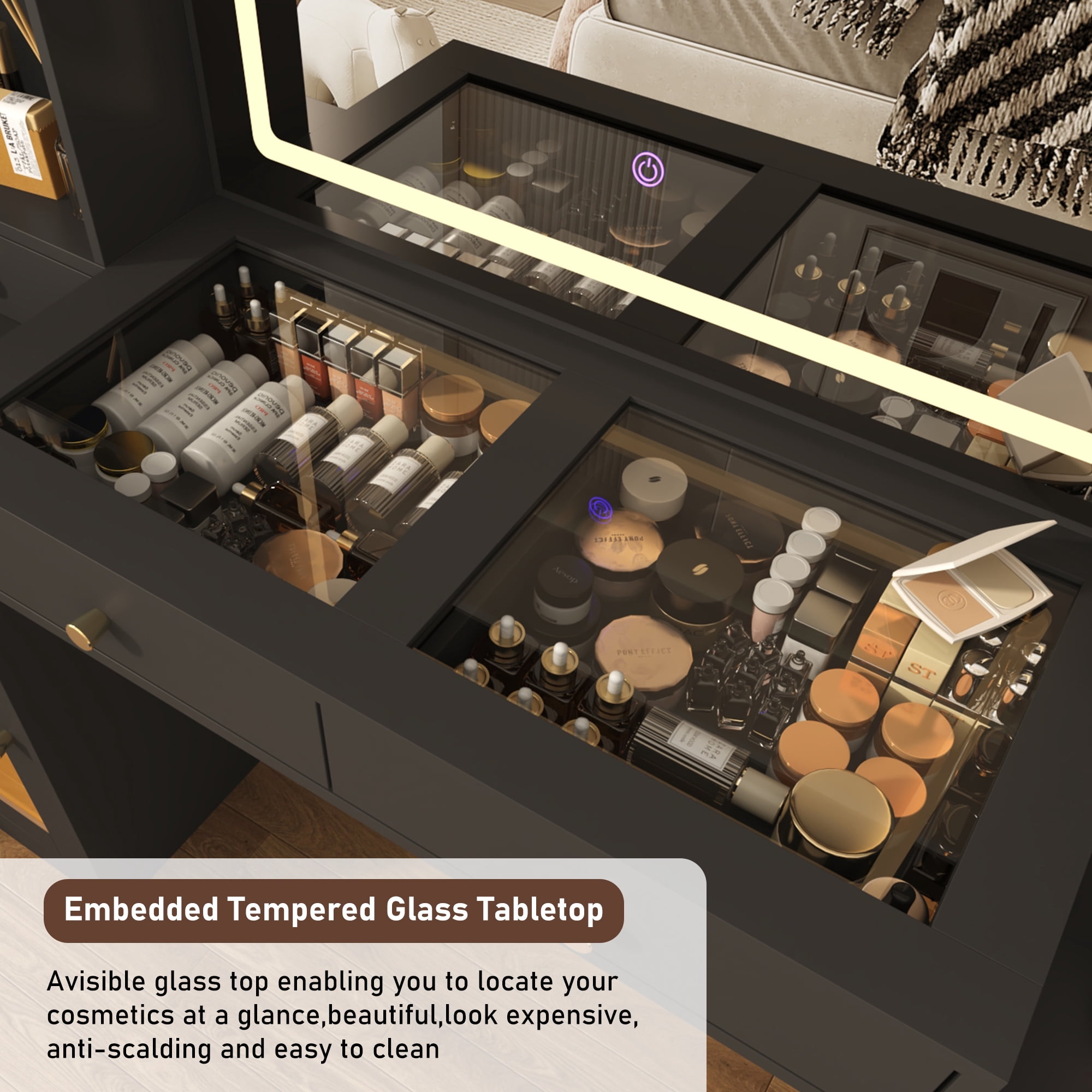 Blotout 62'' Large Vanity Desk w/60000-color LED Lights, Tempered Glass Top, Power Outlet, Makeup Vanity Table w/ 3 Lights Mode Mirror, 3 Drawers, 2 RGB Cabinets, LED Dressing Table for Girls, Women