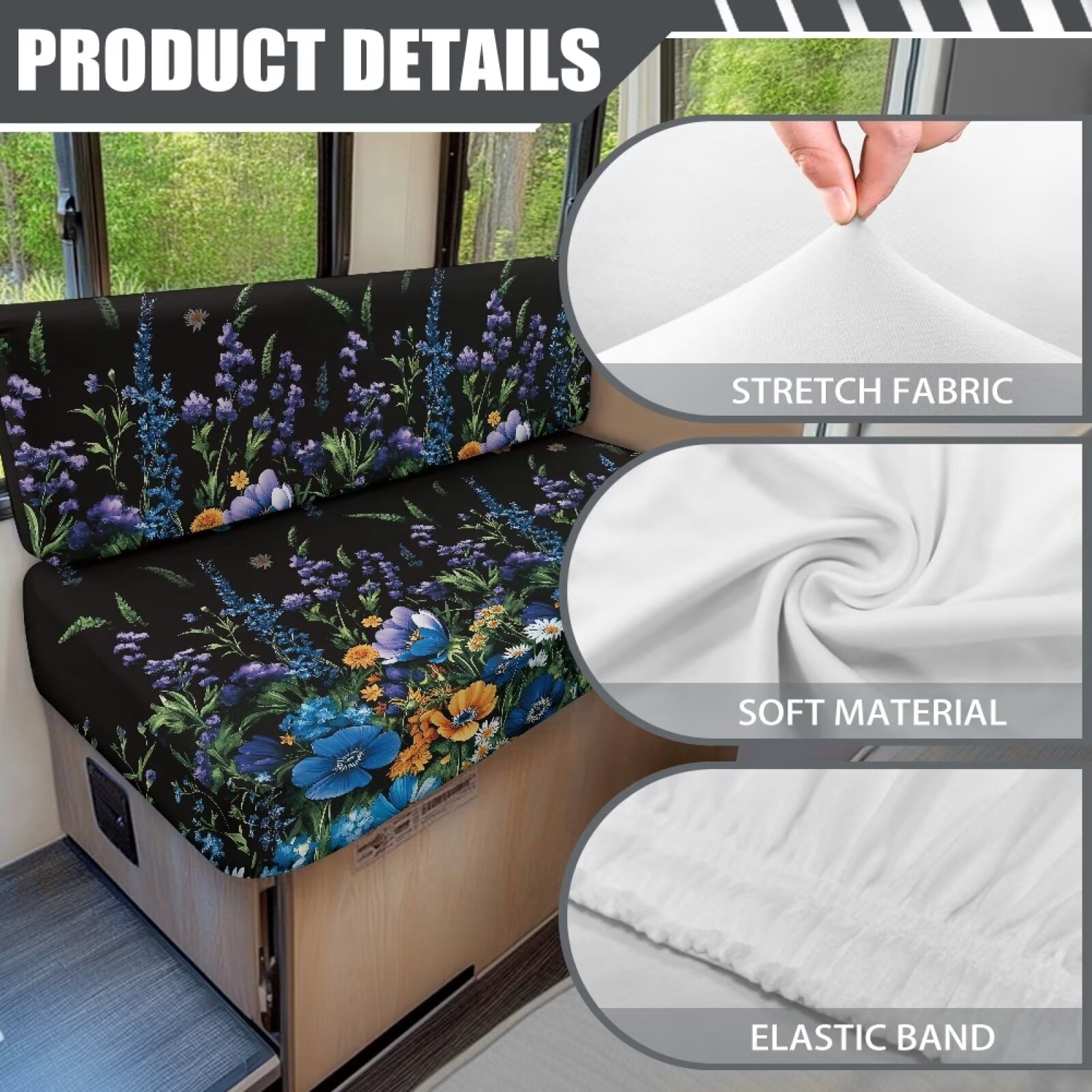 XYZCANDO Daisy RV Dinette Cushion Covers Camper Decor Stretchable Slip Covers for Loveseat Universal Bench Cushion Washable Sofa Covers for 2 Cushion Couch Camper Black