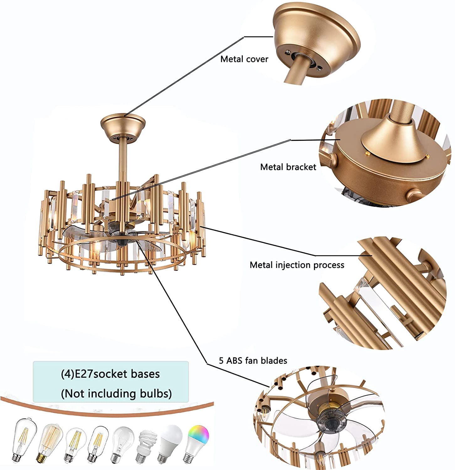 FETCOI Matte Gold Ceiling Fan with Lights and Remote Control Ceiling Fan Light Flush Mount