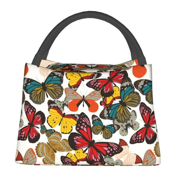 Fotbe Retro Floral Butterfly Bolsa Térmica Portátil con Estampado, Bolsa de Entrega de Alimentos Aislada, Bolsa Reutilizable de Gran Capacidad para Comidas y Supermercado