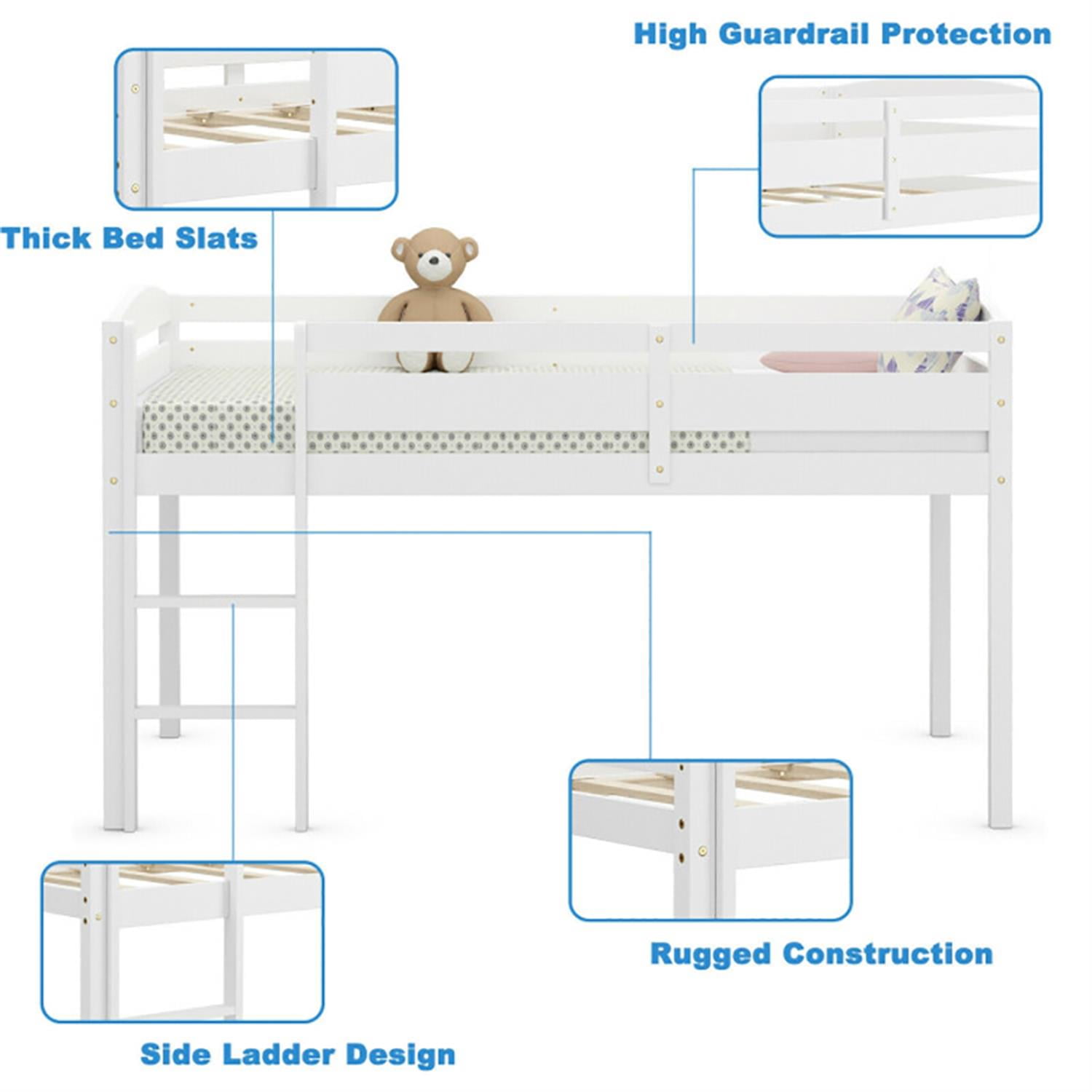 Demi Bonn Loft Bed Twin Size, Solid Wood Low Loft Bed with Guard Rail and Ladder, Modern Wooden Loft Bunk Bed Frame, White