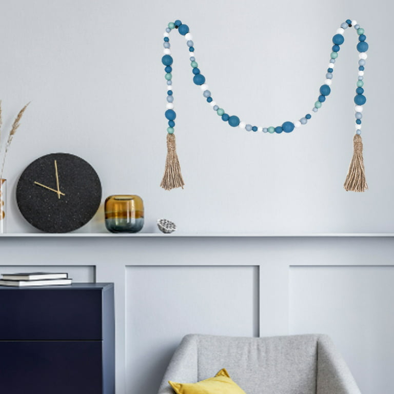 25 Wooden Bead Garland with Tassels - Contemporary Teal Blue Mango Wood Home Decor Accent for Bedroom, Living Room, Mantle Decor Dakota Fields
