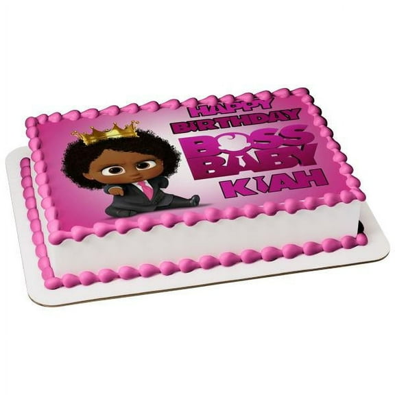 African American Boss Baby Pink Crown Edible Cake Topper Image ABPID51025