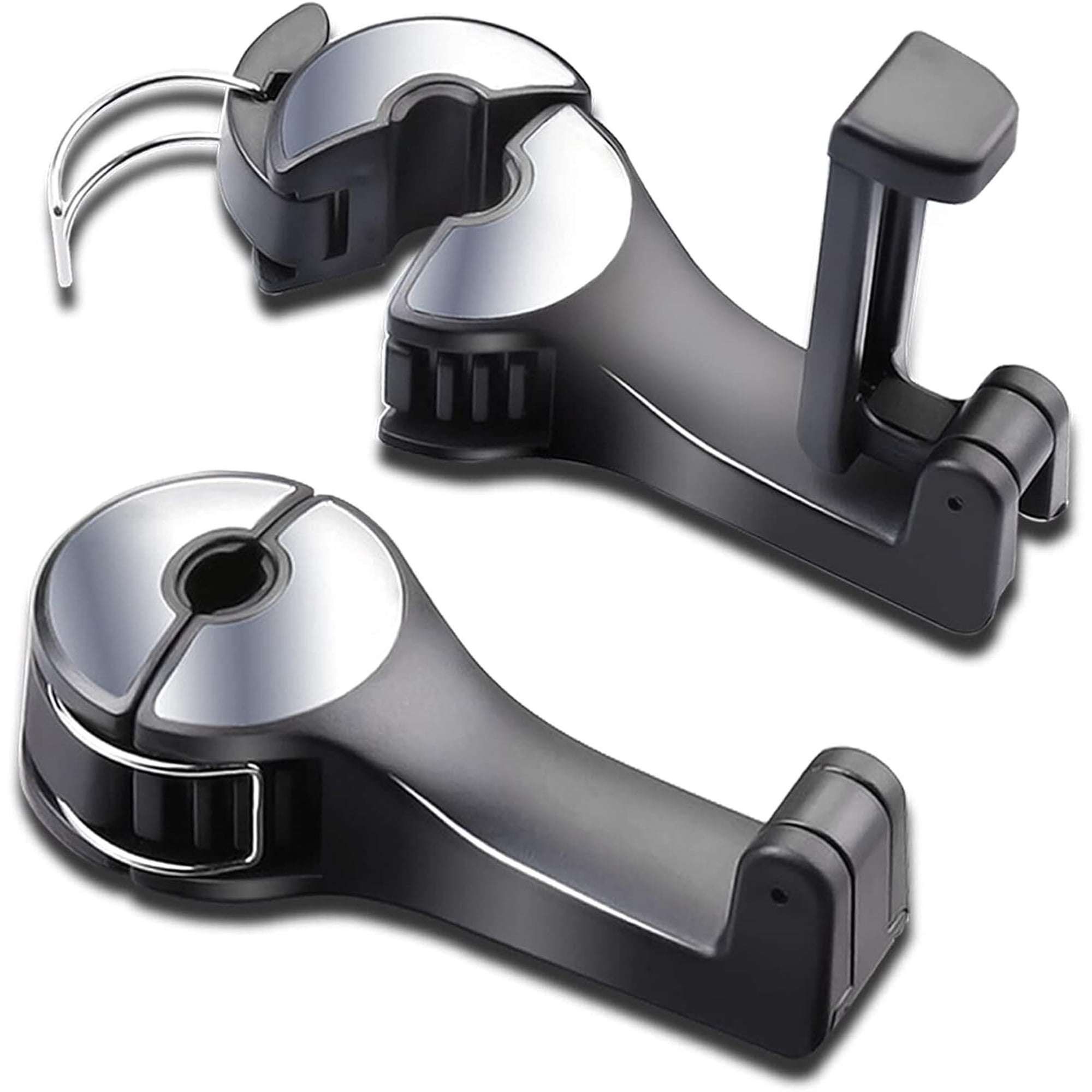 RUseeN Upgraded 2 Pack Car Headrest Hidden Hook 2 in 1 Universal 360 Rotation Car Seat Hooks with Phone Holder for Purse, Backpacks,Toys,and Even Bottle Storage Organizer, Silver