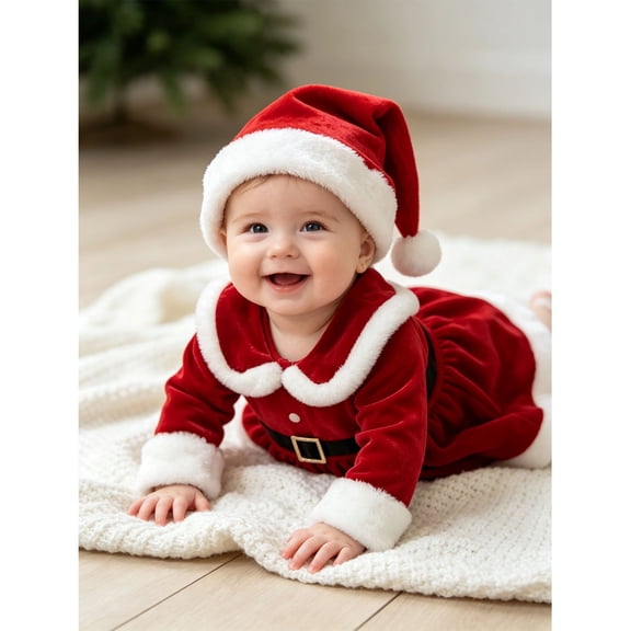 Baby Girl Christmas Dress Santa Claus Romper Dress Red Velvet Long Sleeve Princess Tulle Dress with Christmas Hat Cute Fall Winter Clothes 6-12M